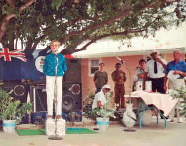 Michael Tibbetts as MC for Little Cayman Beach Resort grand opening in 1993